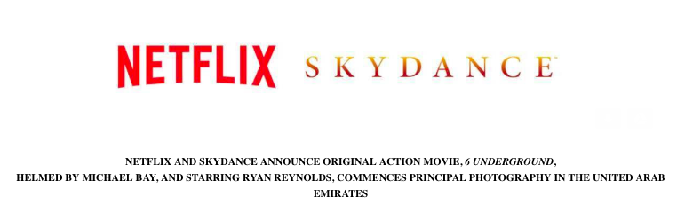 Netflix Film 6 UNDERGROUND by Michael Bay, starring Ryan Reynolds – Start of Principle Photography in the United Arab Emirates
