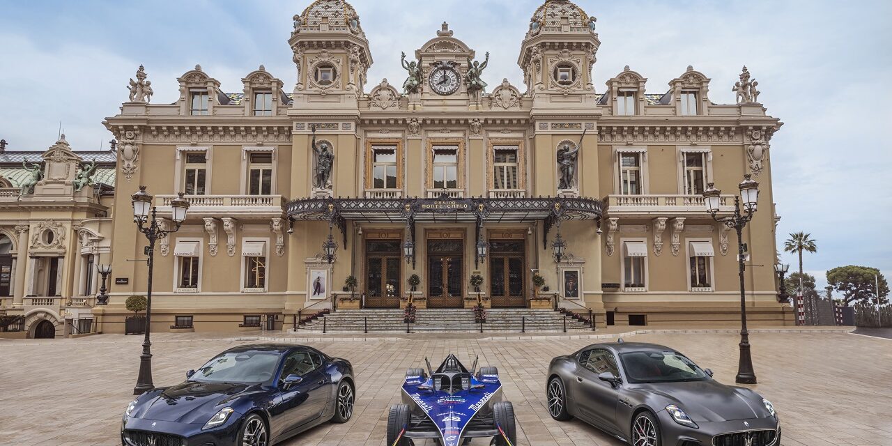The new Maserati GranTurismo, on display at the Monaco E-Prix in the Place du Casino