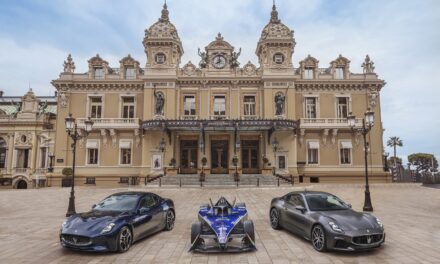 The new Maserati GranTurismo, on display at the Monaco E-Prix in the Place du Casino